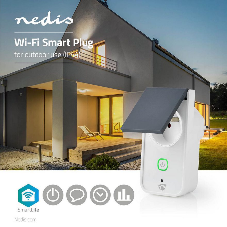 Zásuvka NEDIS WIFIPO120EWT chytrá Wi-Fi venkovní | IP44 | 16A | ochranný kolík